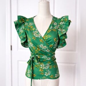 Yaya & Co Green Floral Ruffle Sleeve Wrap Top | NWT | Size L